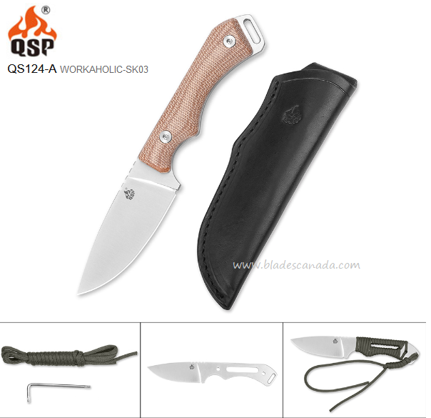 QSP Workaholic Fixed Blade Knife, N690, Linen Micarta, Leather Sheath, QS124-A